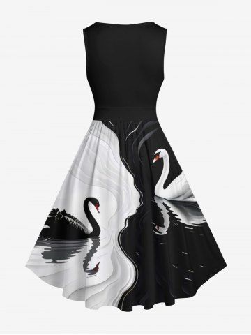 Plus Size Contrast Colorblock Two Tone Swan Print Hawaii 1950s Vintage Swing A Line Dress