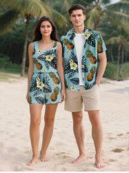 Matching Hawaii Shirt and Romper Plus Size Beach Outfit Tropical Leaf Hibiscus Flower Pineapple Print For Couples -  