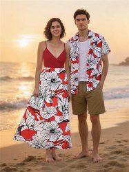 Hibiscus Flowers Leaf Print Plus Size Matching Hawaii Beach Outfit For Couples -  