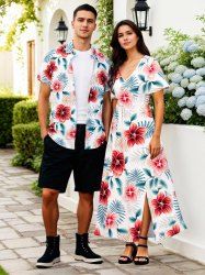 Flowers Tropical Leaf Print Plus Size Matching Hawaii Beach Outfit For Couples -  