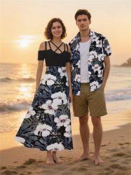 Tenue de plage hawaïenne assortie grande taille à imprimé feuilles tropicales et fleurs d'hibiscus pour couples - Noir 