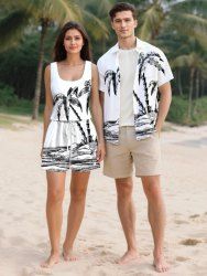 Matching Hawaii Shirt and Romper Plus Size Beach Outfit Coconut Tree Seascape Printed for Couples -  