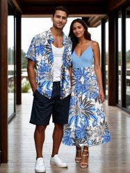 Tropical Leaf Hibiscus Flowers Print Plus Size Matching Hawaii Beach Outfit For Couples -  