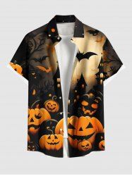 Chemise grande taille à boutons et poches pour homme, imprimé citrouille, chauve-souris et lune, pour Halloween - Noir 4XL