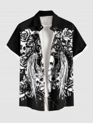 Chemise grande taille pour homme, motif tête de mort, fleurs, ailes, boutons et poches - Noir 4XL