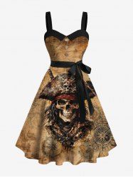 Plus Size Halloween Skull Pirated Ship Rudder Print Buttons Turn Down Collar Dress With Belt -  