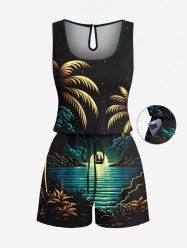 Plus Size Coconut Tree Sun Boat Seascape Print Cinched Hawaii Romper -  