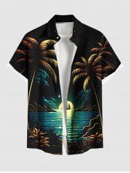 Plus Size Coconut Tree Sun Boat Seascape Print Buttons Pocket Hawaii Shirt For Men -  