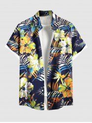 Chemise hawaïenne grande taille à imprimé feuilles tropicales et fleurs d'hibiscus, avec poches et boutons, pour homme - Bleu Marine 5XL