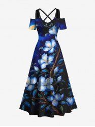 Robe longue hawaïenne grande taille à imprimé fleurs, feuilles, lune, galaxie, étoiles, épaules dénudées et croisée - Bleu Marine 3X