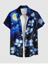 Chemise hawaïenne grande taille à imprimé fleurs, feuilles, lune, galaxie, étoiles, boutons et poches pour homme - Bleu Marine 5XL