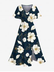 Robe mi-longue hawaïenne fendue à imprimé fleurs et feuilles grande taille - Noir 3X