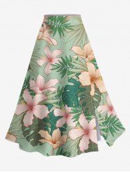 Plus Size Flowers Tropical Leaf Print Split Hawaii Skirt -  