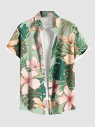 Plus Size Flowers Tropical Leaf Print Buttons Pocket Hawaii Shirt For Men -  