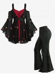 Tenue grande taille avec haut à lacets et manches évasées, broderie cerise, épaules dénudées et pantalon évasé à motifs de feuilles de laitue floquées en toile d'araignée - Noir 