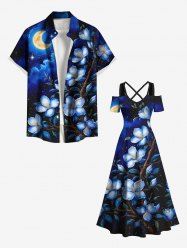 Flowers Leaf Moon Galaxy Star Print Plus Size Matching Hawaii Beach Outfit For Couples -  