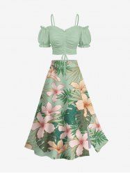 Flowers Tropical Leaf Print Hawaii Plus Size Matching Set -  