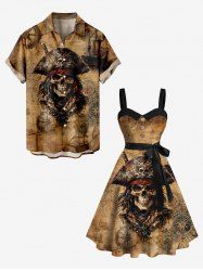 Tenue assortie grande taille pour couple, motif tête de mort et gouvernail de bateau pirate pour Halloween - Brun 