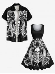 Halloween Skulls Flowers Wings Print Plus Size Matching Outfit For Couples -  