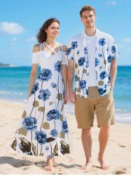 Flower Leaf Branch Print Plus Size Matching Hawaii Beach Outfit For Couples -  