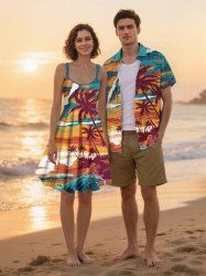Coconut Tree Sea Print Plus Size Matching Hawaii Beach Outfit For Couples -  