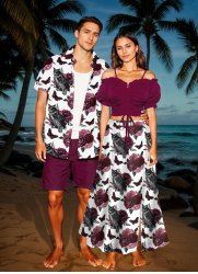 Tenue assortie grande taille pour couple, motif rose, fleur, feuille, papillon, hibou, Halloween - Rouge foncé 