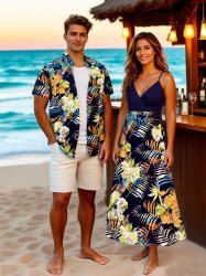 Hibiscus Flowers Tropical Leaf Print Plus Size Matching Hawaii Beach Outfit For Couples -  