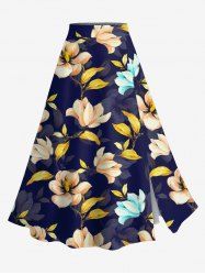 Plus Size Ombre Flower Leaf Branch Print Hawaii Split A Line Skirt - Bleu Marine 3X