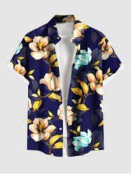 Plus Size Ombre Flower Leaf Branch Print Hawaii Button Pocket Shirt For Men -  
