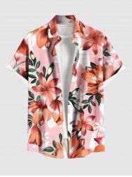 Plus Size Flower Leaf Branch Print Hawaii Button Pocket Shirt For Men -  