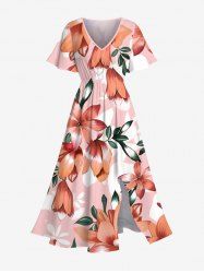 Robe mi-longue hawaïenne fendue à imprimé floral, feuilles et branches, grande taille - Rose clair XXS