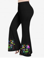 Pantalon évasé grande taille à imprimé coloré, crâne, squelette, cœur, peinture, éclaboussures - Noir 3X
