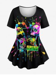 Plus Size Colorful Skull Skeleton Heart Painting Splatter Print Women T-shirt -  