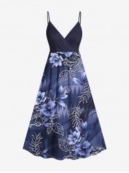 Plus Size Flower Leaf Branch Waterwave Print Hawaii Surplice A Line Cami Dress -  