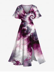 Plus Size Spiral Tie Dye Print Hawaii Split Pocket A Line Midi Dress -  