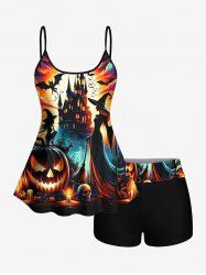 Skull Pumpkin Wizard Bat Castle Print Halloween Boyleg Tankini Swimsuit (Adjustable Shoulder Strap) -  