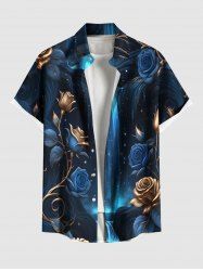 Plus Size Rose Flower Fall Galaxy Print Hawaii Button Pocket Shirt For Men -  