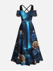 Plus Size Rose Flower Fall Galaxy Print Hawaii Cold Shoulder Crisscross A Line Maxi Dress -  
