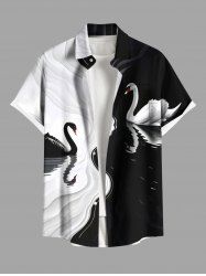 Plus Size Contrast Colorblock Two Tone Swan Print Hawaii Button Pocket Shirt For Men -  