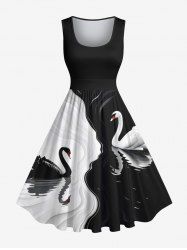 Robe trapèze vintage hawaïenne des années 1950 à imprimé cygne bicolore contrasté grande taille - Noir XXS