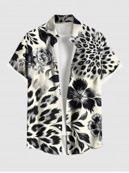 Plus Size Leopard Hibiscus Flower Leaf Print Hawaii Button Pocket Shirt For Men -  