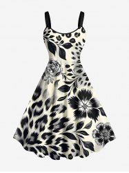Plus Size Leopard Hibiscus Flower Leaf Print Hawaii A Line Tank Dress -  