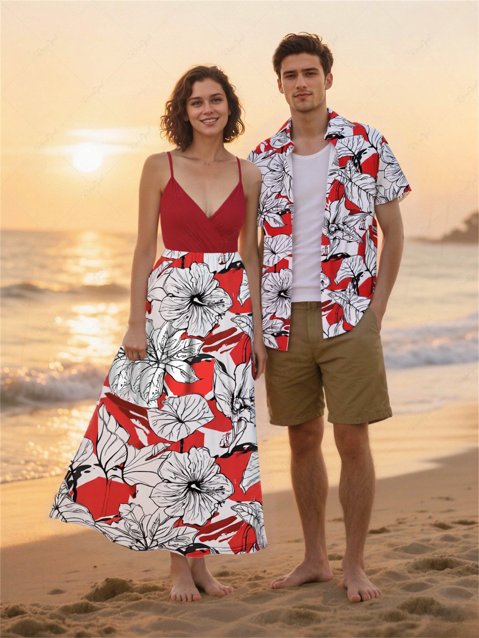 Affordable Hibiscus Flowers Leaf Print Plus Size Matching Hawaii Beach Outfit For Couples  