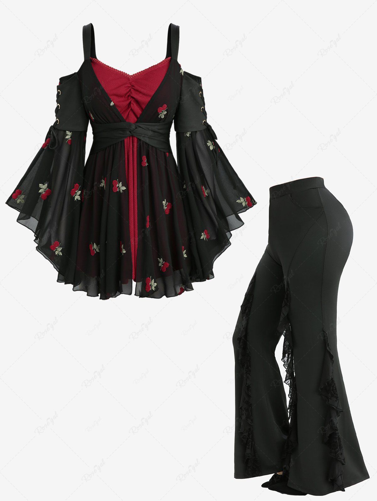 Tenue grande taille avec haut à lacets et manches évasées, broderie cerise, épaules dénudées et pantalon évasé à motifs de feuilles de laitue floquées en toile d'araignée Noir 