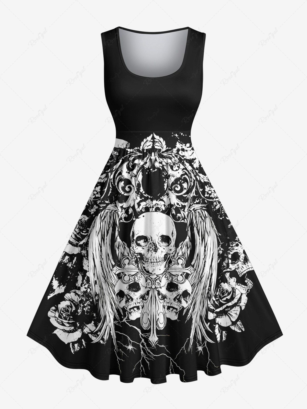 Affordable Plus Size Halloween Skulls Flowers Wings Print 1950s Vintage Dress  