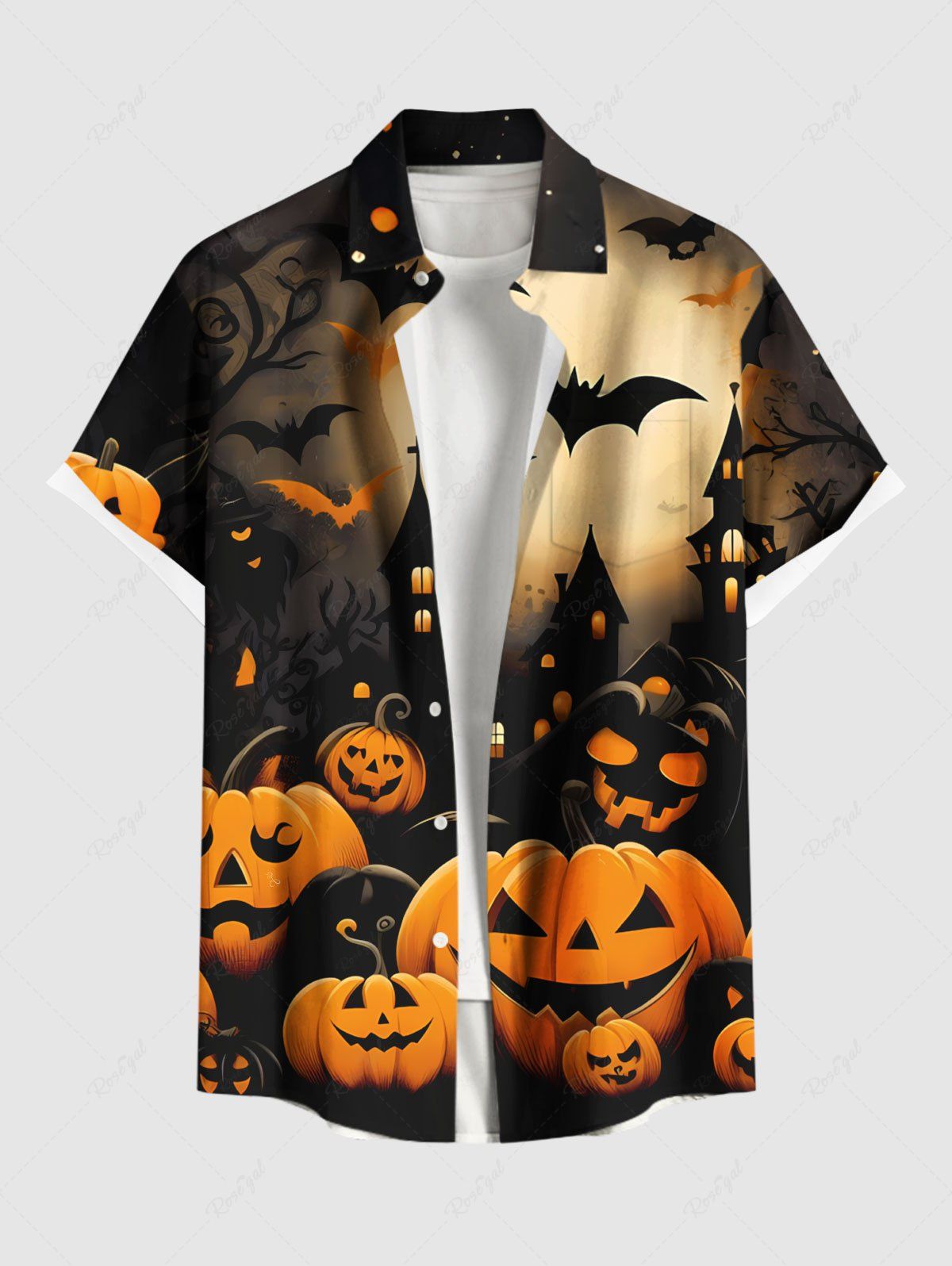 Chemise grande taille à boutons et poches pour homme, imprimé citrouille, chauve-souris et lune, pour Halloween Noir 6XL
