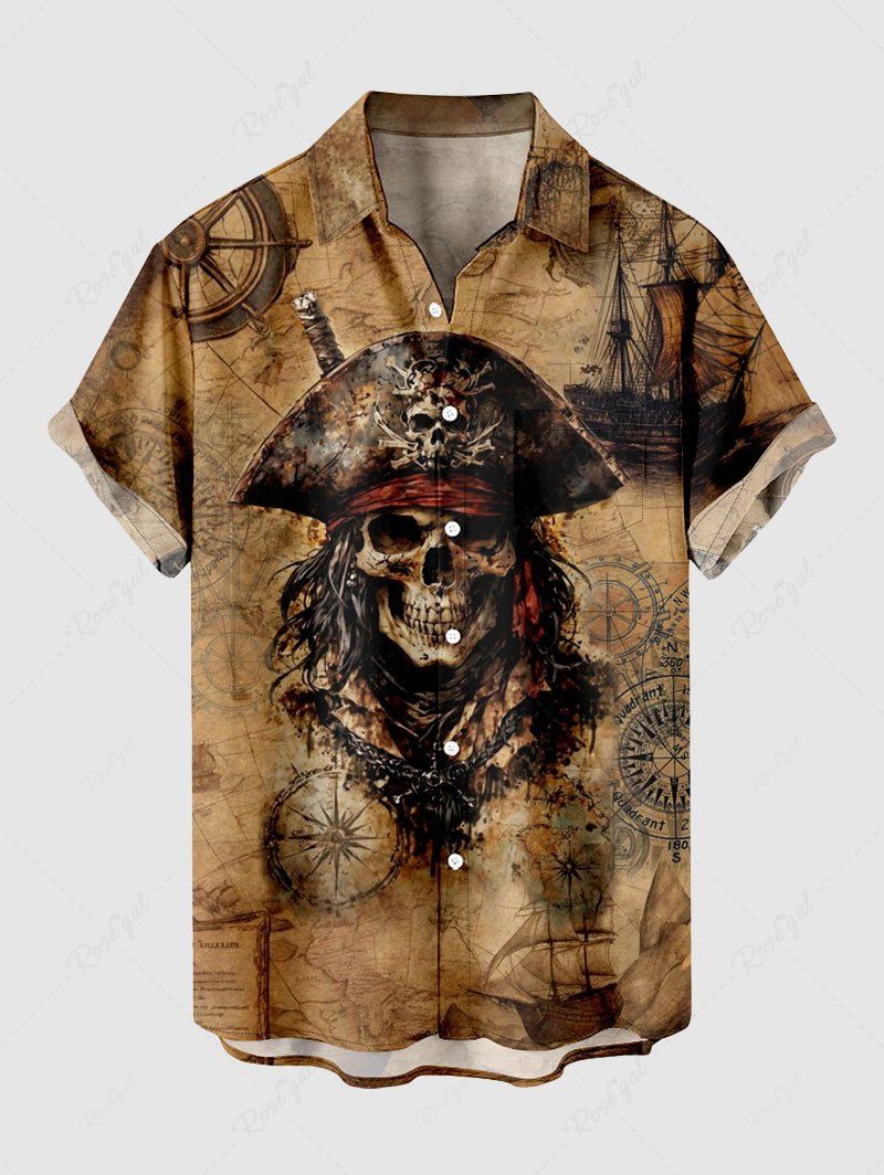 Chemise grande taille à boutons et poches pour homme, motif tête de mort, bateau pirate, imprimé gouvernail Brun 2XL