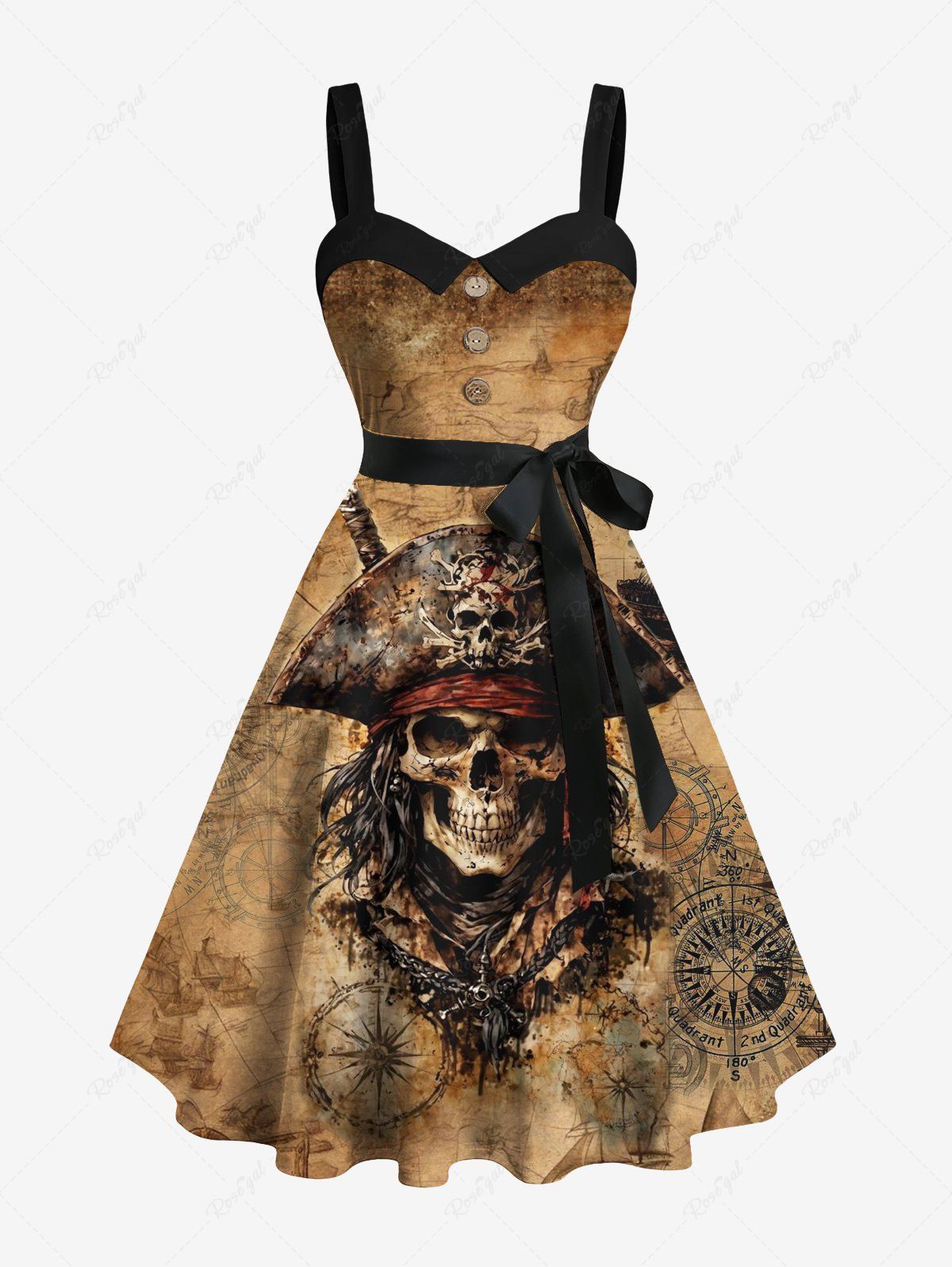 Discount Plus Size Halloween Skull Pirated Ship Rudder Print Buttons Turn Down Collar Dress With Belt  