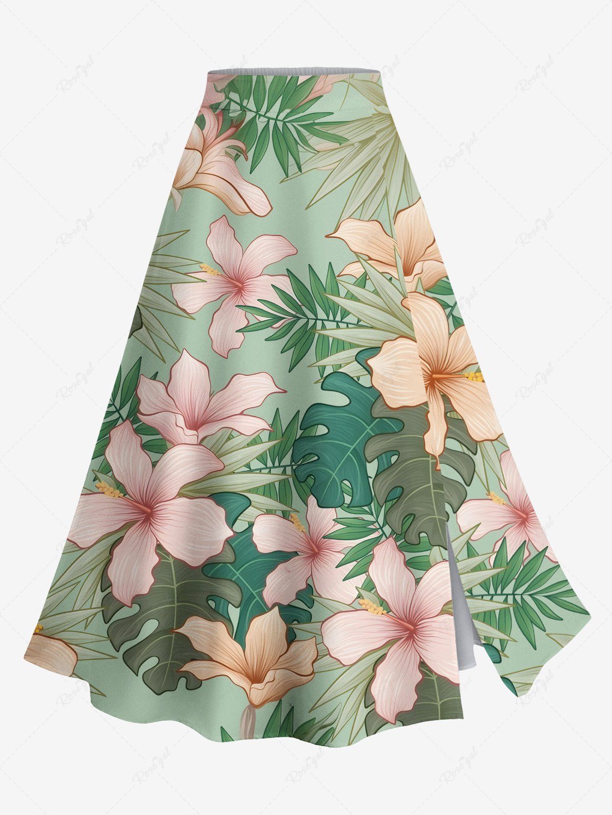 Buy Plus Size Flowers Tropical Leaf Print Split Hawaii Skirt  