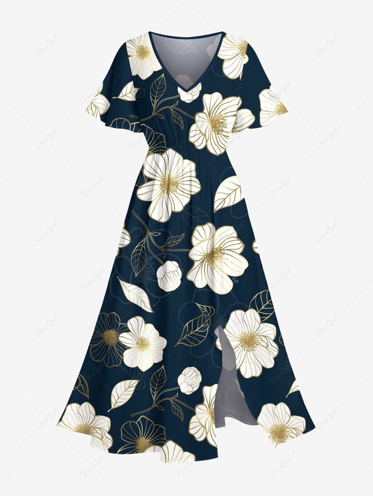 Robe mi-longue hawaïenne fendue à imprimé fleurs et feuilles grande taille Noir XXS